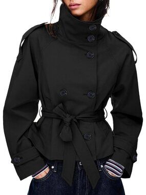 〽️Women's Black Cropped Trench Coat Double Breasted Belted Jacket